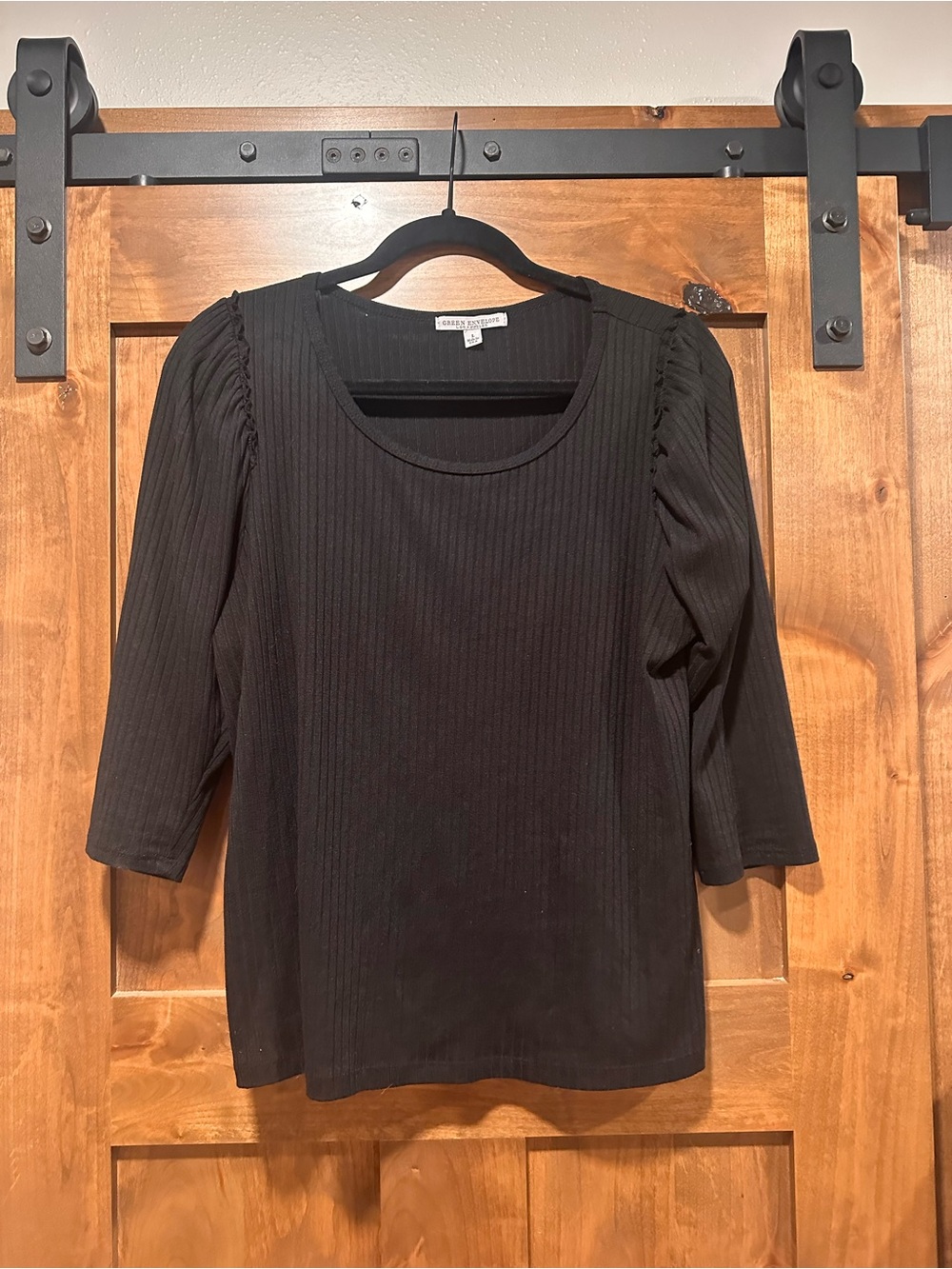 Green Envelope Black Ribbed Scoop Neck Long Sleeve Top